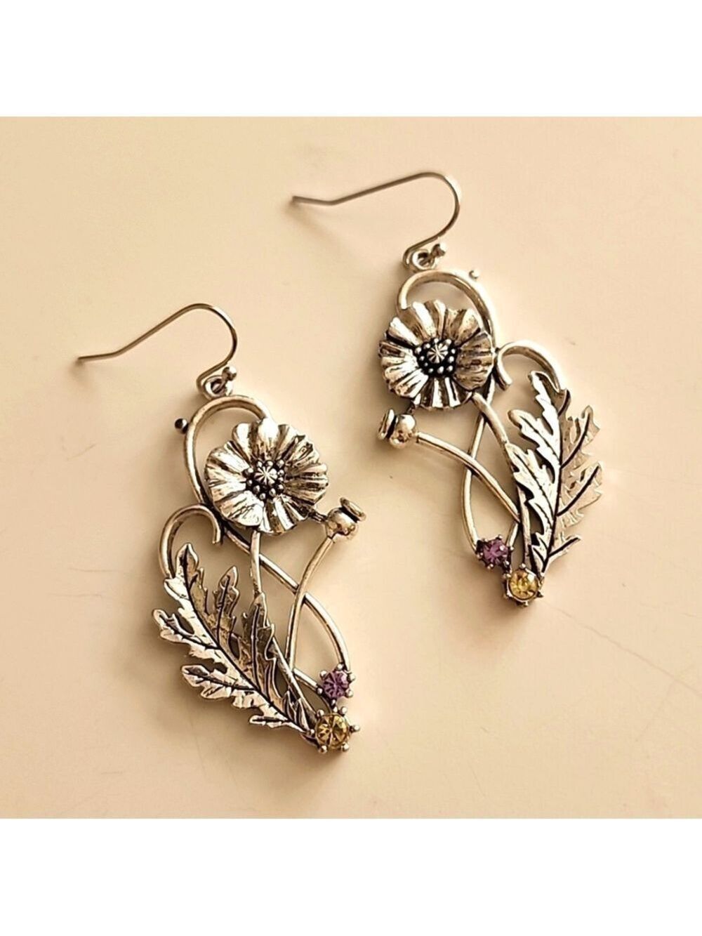 Wildflower Earrings Simulated Gemstones Silver tones